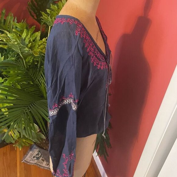 FREE PEOPLE | navy blue embroidered pull over v neck loose long sleeve linen ble - Picture 7 of 9